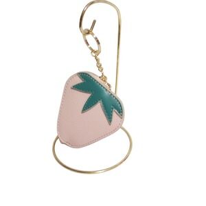 Nanette Lepore Pink Strawberry Coin Purse Faux Leather Keychain Gold Hardware